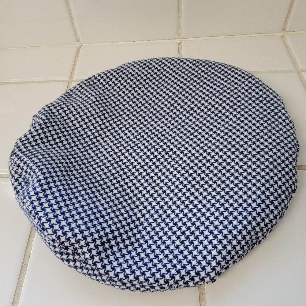 Blue and White Houndstooth Hat With Faux Leather Trim